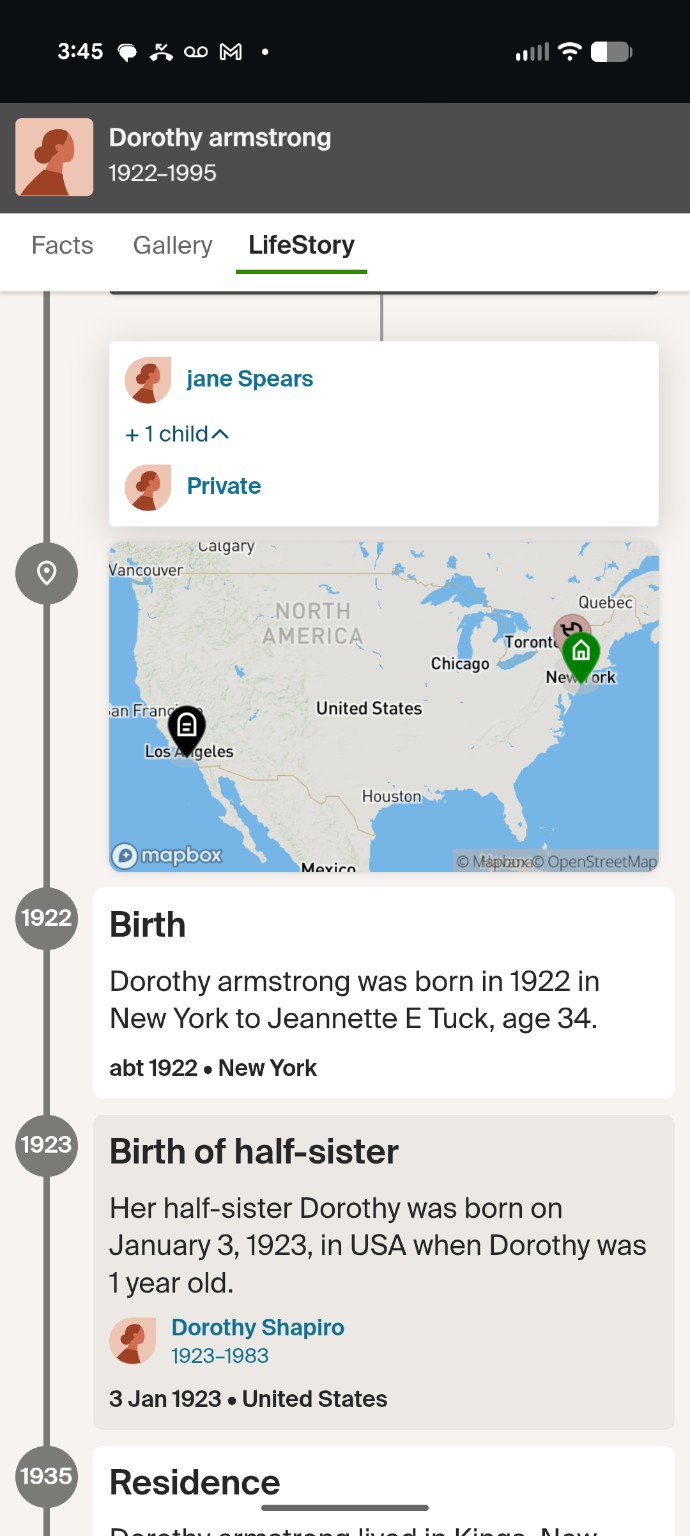 Ancestry LifeStory screenshot for Dorothy Armstrong, showing the profile and birth entry.