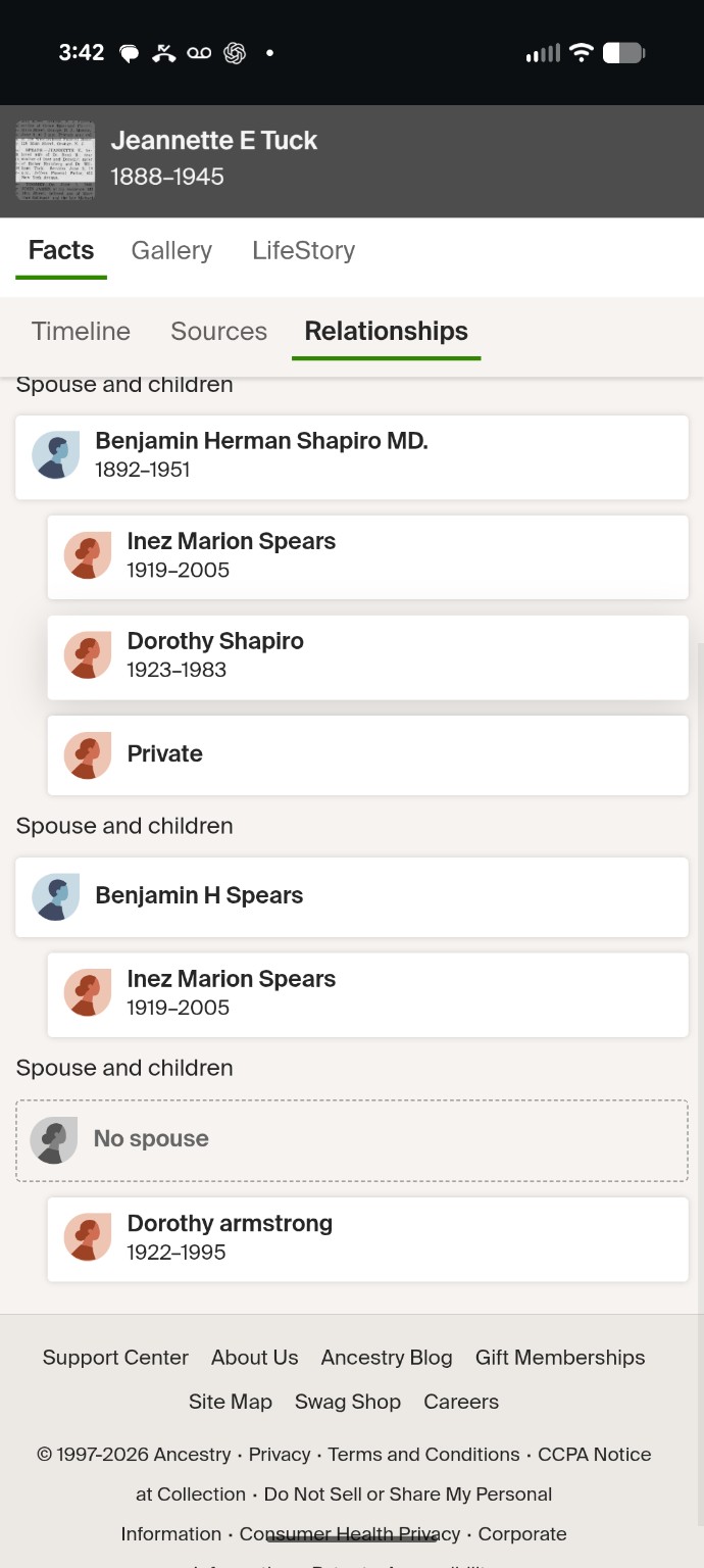 Ancestry relationships screenshot for Jeannette E Tuck, with Shapiro, Spears, and two Dorothy entries.