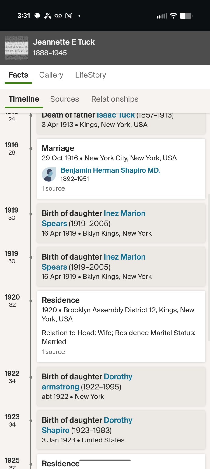 Ancestry timeline for Jeannette E Tuck, including entries for Dorothy Armstrong and Dorothy Shapiro.